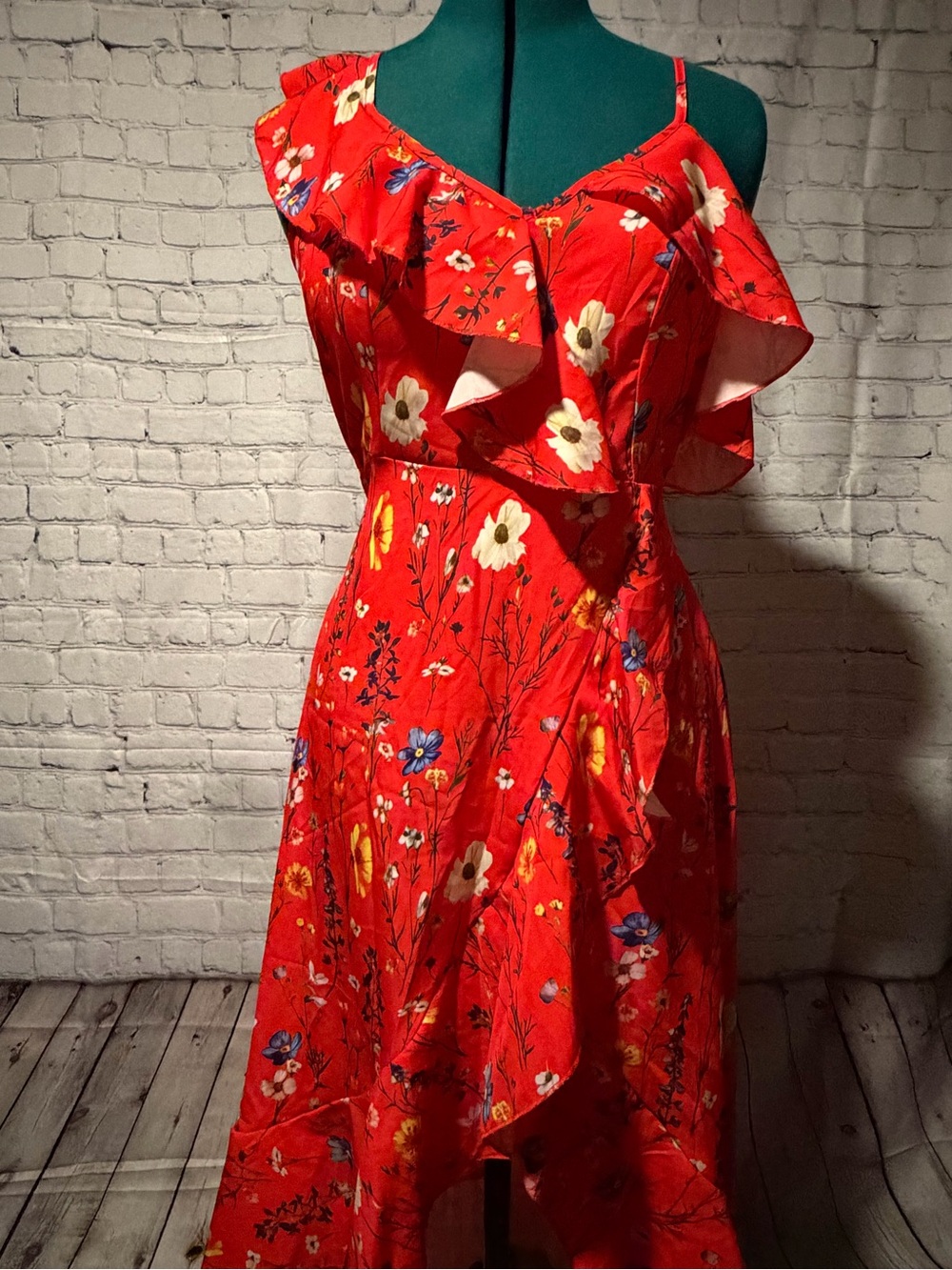 SHEIN Red One-Shoulder Floral Ruffle Dress
